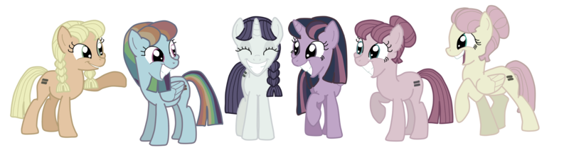 Size: 4400x1300 | Tagged: safe, artist:its-ok-to-smile, derpibooru import, applejack, fluttershy, pinkie pie, rainbow dash, rarity, twilight sparkle, twilight sparkle (alicorn), alicorn, earth pony, pegasus, pony, unicorn, the cutie map, alternate hairstyle, bad end, equalized, female, hair bun, mane six, mare, pigtails, simple background, the bad guy wins, this will end in communism, transparent background, vector, xk-class end-of-the-world scenario