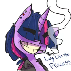 Size: 600x600 | Tagged: safe, artist:whydomenhavenipples, derpibooru import, twilight sparkle, twilight sparkle (alicorn), alicorn, pony, alternate hairstyle, cigarette, clothes, dialogue, ear piercing, earring, eyebrows, female, grin, hair over eyes, jacket, jewelry, mare, piercing, pointy nose, simple background, smiling, smoke, smoking, solo, white background