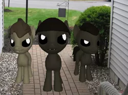 Size: 516x383 | Tagged: safe, artist:darth-silas, derpibooru import, ponified, earth pony, pony, 3d, 3d pony creator, bek, black sclera, black-eyed kids, brown mane, colt, creepy, day, evil, fangs, foal, grass, grin, irl, photo, ponies in real life, pony creator 3d, ponylumen, sinister, trio
