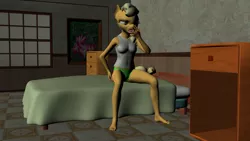 Size: 3840x2160 | Tagged: 3d, anthro, applejack, artist:fanthrose, barefoot, clothes, daz studio, derpibooru import, feet, green underwear, panties, plantigrade anthro, scratching, sleepy, suggestive, tanktop, underwear, yawn