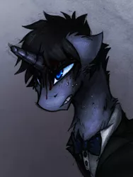 Size: 1244x1658 | Tagged: semi-grimdark, artist:terror--bite, artist:the--cloudsmasher, derpibooru import, oc, oc:razor sharp, unofficial characters only, pony, unicorn, blood, clothes, male, necktie, portrait, solo, stallion, suit