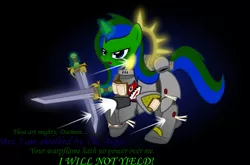Size: 2912x1922 | Tagged: safe, artist:northern wind, derpibooru import, oc, oc:northern wind, unofficial characters only, pony, unicorn, armor, bolter, crossover, female, grey knights, gun, gunshots, iron halo, magic, mare, nemesis falchions, power armor, power sword, powered exoskeleton, purity seal, shield, solo, storm bolter, sword, telekinesis, vector, warhammer (game), warhammer 40k, weapon