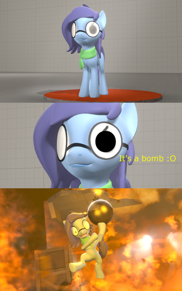 Size: 1280x2040 | Tagged: safe, artist:camchao, derpibooru import, oc, oc:aural harmony, unofficial characters only, earth pony, pony, 3d, ambiguous gender, bomb, clothes, explosion, female, glasses, glitch, insanity, mare, opaque lenses, scarf, solo, source filmmaker, team fortress 2