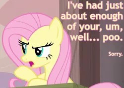 Size: 700x500 | Tagged: angry, apology, caption, derpibooru import, edit, edited screencap, fluttershy, image macro, meme, open mouth, reaction image, safe, screencap, self-censorship, solo, table, the cutie map, unhappy