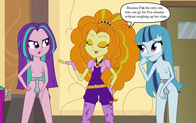 Size: 1424x896 | Tagged: questionable, artist:ohohokapi, deleted from derpibooru, derpibooru import, adagio dazzle, aria blaze, sonata dusk, equestria girls, alternate hairstyle, bdsm, breasts, chastity, chastity belt, delicious flat chest, female, females only, flatdagio dazzle, jewelry, loose hair, nipples, nudity, pendant, the dazzlings