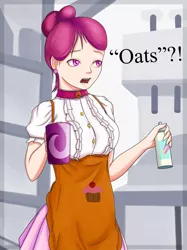 Size: 896x1200 | Tagged: apron, artist:ohohokapi, clothes, cup, cup cake, cutie mark on clothes, derpibooru import, exclamation point, female, hair bun, human, humanized, interrobang, question mark, safe, solo, speech