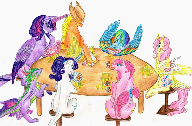 Size: 6984x4584 | Tagged: safe, artist:dawn22eagle, derpibooru import, angel bunny, applejack, fluttershy, pinkie pie, rainbow dash, rarity, twilight sparkle, twilight sparkle (alicorn), alicorn, pony, absurd resolution, female, mane six, mare, playing card, poker, tail feathers