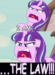 Size: 630x850 | Tagged: safe, derpibooru import, edit, screencap, starlight glimmer, the cutie map, dialogue, i am the law, image macro, judge dredd, law, meme, screencap comic