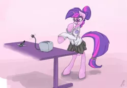 Size: 1505x1050 | Tagged: safe, artist:lightf4lls, derpibooru import, sci-twi, twilight sparkle, pony, unicorn, bipedal, clothes, female, ghostbusters, ghostbusters 2, glasses, grin, hair bun, hooves, horn, mare, safety goggles, scientist, shirt, skirt, solo, teeth, toaster, unicorn sci-twi