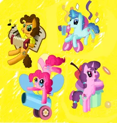 Size: 2232x2344 | Tagged: accordion, artist:stellarbubbles, balloon, cheese sandwich, derpibooru import, musical instrument, party cannon, party favor, party quartet, pinkie pie, safe, sugar belle, the cutie map