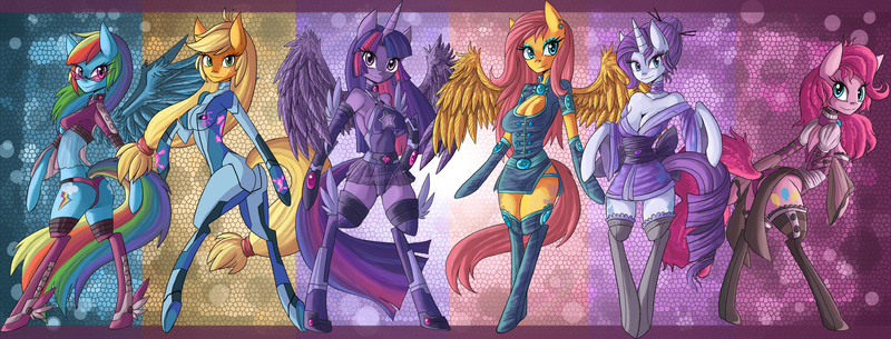 Size: 3000x1143 | Tagged: alternate hairstyle, anthro, applejack, applesamus, arm hooves, armpits, artist:raptor007, boobs and butt pose, boob window, both cutie marks, breasts, busty fluttershy, cleavage, clothes, cosplay, costume, crossover, derpibooru import, erect nipples, female, fluttershy, kamina sunglasses, kimono minidress, leotard, mane six, metroid, minidress, nipple outline, pinkie pie, rainbow dash, rarity, simple background, skirt, smiling, solo, solo female, spread wings, stockings, suggestive, thigh highs, transparent background, twilight sparkle, twilight sparkle (alicorn), underass, unguligrade anthro, zero suit