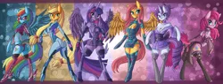 Size: 3000x1143 | Tagged: alternate hairstyle, anthro, applejack, applesamus, arm hooves, armpits, artist:raptor007, boobs and butt pose, boob window, both cutie marks, breasts, busty fluttershy, cleavage, clothes, cosplay, costume, crossover, derpibooru import, erect nipples, female, fluttershy, kamina sunglasses, kimono minidress, leotard, mane six, metroid, minidress, nipple outline, pinkie pie, rainbow dash, rarity, simple background, skirt, smiling, solo, solo female, spread wings, stockings, suggestive, thigh highs, transparent background, twilight sparkle, twilight sparkle (alicorn), underass, unguligrade anthro, zero suit