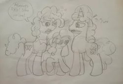 Size: 2248x1536 | Tagged: safe, derpibooru import, cheese sandwich, party favor, pinkie pie, the cutie map, argument, cheesepie, female, love triangle, male, party trio, partypie, pinkie pie gets all the stallions, shipping, sketch, straight, traditional art