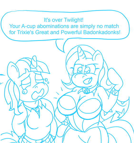 Size: 657x700 | Tagged: a-cup angst, anthro, arm hooves, artist:secretfriend, breast envy, breasts, busty trixie, crying, derpibooru import, female, great and powerful, large butt, monochrome, safe, smug, trixie, twilight sparkle