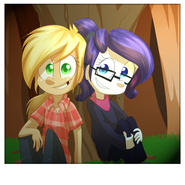 Size: 1000x1000 | Tagged: safe, artist:fj-c, derpibooru import, applejack, rarity, human, humanized