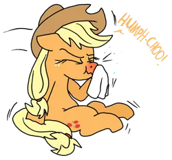 Size: 1024x953 | Tagged: allergies, applejack, artist:anyponedrawn, cold, derpibooru import, handkerchief, nose blowing, nose wrinkle, safe, sick, sneezing, tissue