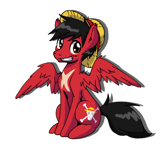 Size: 1024x924 | Tagged: safe, artist:mikixthexgreat, derpibooru import, ponified, pegasus, pony, hat, monkey d luffy, one piece, scar, solo, straw hat