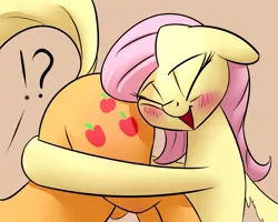 Size: 1280x1024 | Tagged: suggestive, derpibooru import, applejack, fluttershy, earth pony, pegasus, pony, derpin daily, applebutt, appleshy, blushing, butthug, cutie mark, eyes closed, faceful of ass, female, floppy ears, hug, lesbian, open mouth, plot, shipping, smiling, tell me your secrets