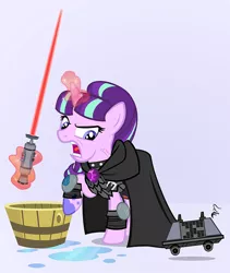 Size: 758x900 | Tagged: armor, artist:pixelkitties, cloak, clothes, crossover, derpibooru import, levitation, lightsaber, magic, mouse droid, open mouth, raised hoof, safe, sith, sithlight glimmer, solo, starlight glimmer, star wars, telekinesis, the cutie map