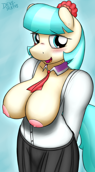 Size: 1061x1920 | Tagged: adorasexy, anthro, artist:devs-iratvs, big breasts, blue background, blushing, breasts, busty coco pommel, clothes, coco pommel, cute, derpibooru import, female, huge breasts, looking at you, nipples, open mouth, questionable, sexy, simple background, skirt, smiling, solo, solo female, wardrobe malfunction