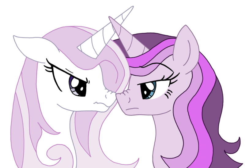 Size: 1024x705 | Tagged: safe, alternate version, artist:greenlinzerd, derpibooru import, fleur-de-lis, oc, oc:lexica, pony, unicorn, angry, boop, duo, face to face, female, looking at each other, mare, nose wrinkle, noseboop, portrait, rivalry