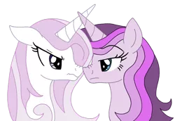 Size: 1024x705 | Tagged: safe, alternate version, artist:greenlinzerd, derpibooru import, fleur-de-lis, oc, oc:lexica, pony, unicorn, angry, boop, duo, face to face, female, looking at each other, mare, nose wrinkle, noseboop, portrait, rivalry