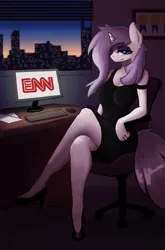 Size: 1700x2583 | Tagged: safe, artist:vulpessentia, derpibooru import, oc, oc:platinum decree, unofficial characters only, anthro, plantigrade anthro, unicorn, anthro oc, bedroom eyes, black dress, cable news network, chair, clothes, cnn, computer, crossed legs, desk, dress, earring, high heels, logo parody, looking at you, manehattan, monitor, off shoulder, office, piercing, sitting, smiling, solo, wedding ring, window