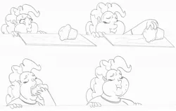 Size: 3023x1909 | Tagged: artist:catstuxedo, chubby, chubby cheeks, derpibooru import, fat, human, humanized, monochrome, muffin, pinkie pie, safe, scene interpretation, solo, the cutie map