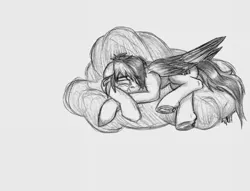 Size: 1443x1101 | Tagged: safe, artist:mach-volt, derpibooru import, oc, oc:stardust mach, unofficial characters only, crystal pony, pony, cloud, crying, depressed, lying, monochrome, sad, sadness, sketch, solo, traditional art