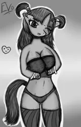Size: 325x512 | Tagged: suggestive, artist:anotherfuckingedittor, derpibooru import, oc, unofficial characters only, anthro, unicorn, amputee, bandage, breasts, cleavage, clothes, colored sketch, cute, female, panties, simple background, solo, solo female, stockings, underwear, wink