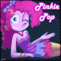 Size: 1000x1000 | Tagged: safe, artist:fj-c, derpibooru import, pinkie pie, equestria girls, friendship through the ages, bare shoulders, clothes, humanized, new wave pinkie, skirt, sleeveless, solo, strapless, wink