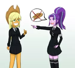 Size: 1201x1080 | Tagged: safe, artist:jumboz95, derpibooru import, applejack, starlight glimmer, equestria girls, the cutie map, clothes, equal cutie mark, equalized, equestria girls-ified, school uniform, skirt, thumbs up, zettai ryouiki