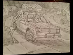 Size: 3264x2448 | Tagged: artist:the-intimidator, car, chevrolet, chevrolet chevette, derpibooru import, golf club, mailbox, mailbox baseball, monochrome, nicolas cage, rainbow dash, safe, scootaloo, traditional art, vandalism