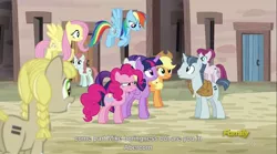 Size: 1280x712 | Tagged: safe, derpibooru import, screencap, applejack, fluttershy, offbeat, party favor, pinkie pie, rainbow dash, rarity, twilight sparkle, twilight sparkle (alicorn), alicorn, pony, the cutie map, cult, female, mane six, mare, meme, when she doesn't smile, youtube caption