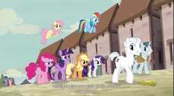 Size: 1283x712 | Tagged: applejack, derpibooru import, double diamond, fluttershy, mane six, meme, party favor, pinkie pie, rainbow dash, rarity, safe, screencap, text, the cutie map, twilight sparkle, twilight sparkle (alicorn), when she doesn't smile, youtube caption