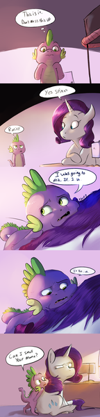 Size: 1280x5325 | Tagged: safe, artist:imsokyo, derpibooru import, rarity, spike, dragon, pony, unicorn, daily life of spike, comic, dialogue, female, frown, male, mare, nailed it, open mouth, raised eyebrow, shipping, sitting, sparity, speech bubble, straight, thought bubble, wide eyes