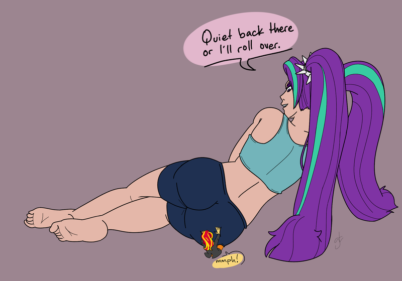 Size: 2000x1400 | Tagged: suggestive, artist:goat train, deleted from derpibooru, derpibooru import, aria blaze, sunset shimmer, equestria girls, arse-ia blaze, ass, barefoot, clothes, dialogue, feet, female, giantess, humanized, lesbian, macro, shipping, shorts, sunblaze