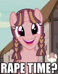 Size: 600x761 | Tagged: background pony, bacon braids, caption, creepy, derpibooru import, edit, edited screencap, faic, image macro, implied rape, meme, nightmare fuel, screencap, smiling, suggestive, the cutie map, vulgar