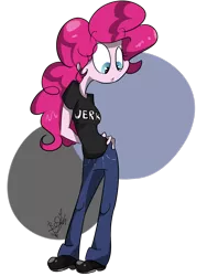 Size: 1500x2000 | Tagged: safe, artist:befishproductions, derpibooru import, pinkie pie, equestria girls, accessory swap, clothes swap, crossdressing, crossover, dan vs, signature, simple background, solo, transparent background