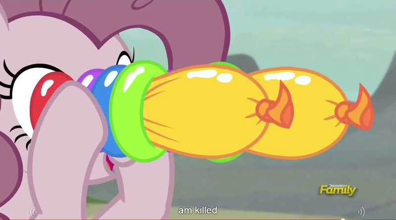 Size: 1280x712 | Tagged: balloon, balloon binoculars, binoculars, derpibooru import, meme, pinkie pie, safe, screencap, the cutie map, youtube caption