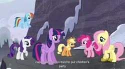 Size: 1279x711 | Tagged: safe, derpibooru import, screencap, applejack, fluttershy, pinkie pie, rainbow dash, rarity, twilight sparkle, twilight sparkle (alicorn), alicorn, pony, the cutie map, female, mane six, mare, meme, youtube caption