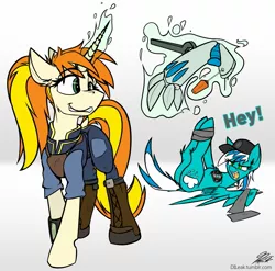 Size: 1809x1788 | Tagged: artist:ralek, bondage, commission, cyborg, derpibooru import, fallout equestria, fallout equestria: memories, fallout equestria: outlaw, magic, oc, oc:frosty winds, oc:greaser, prosthetic limb, safe, tied up, unofficial characters only