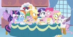 Size: 1440x740 | Tagged: safe, artist:dm29, derpibooru import, applejack, fluttershy, pinkie pie, rainbow dash, rarity, spike, sweetie belle, twilight sparkle, twilight sparkle (alicorn), alicorn, pony, breakfast, carousel boutique, cereal, dining table, female, gem helmet, helmet, i didn't listen, kitchen, mane seven, mane six, mare, shaking, sugar rush