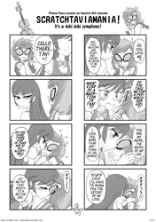 Size: 1062x1505 | Tagged: safe, artist:reavz, derpibooru import, octavia melody, vinyl scratch, equestria girls, 4koma, blushing, comic, female, kissing, lesbian, pun, scratchtavia, shipping