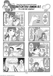 Size: 1062x1505 | Tagged: safe, artist:reavz, derpibooru import, octavia melody, princess luna, vinyl scratch, equestria girls, 4koma, blood, blushing, comic, female, kissing, lesbian, moe, monochrome, nosebleed, scratchtavia, shipping, swag, vice principal luna