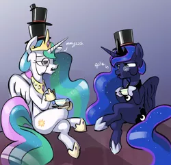 Size: 2500x2414 | Tagged: safe, artist:dimfann, derpibooru import, princess celestia, princess luna, alicorn, pony, classy, duo, female, hat, hatception, like a sir, mare, monocle, monocle and top hat, quite, royal sisters, siblings, sillestia, silly, silly pony, sisters, tea, top hat, towering pillar of hats