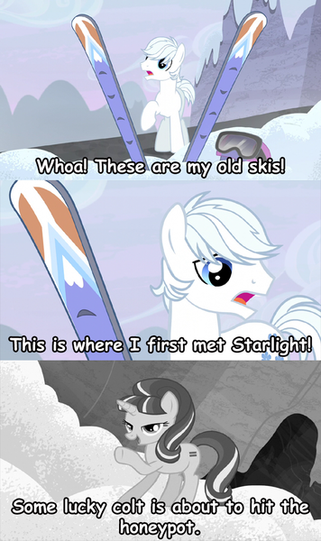 Size: 593x1000 | Tagged: batman and robin, comic sans, derpibooru import, double diamond, edit, female, flashback, glimmerdiamond, male, poison ivy, quote, screencap, screencap comic, seduction, shipping, skis, starlight glimmer, straight, suggestive, the cutie map