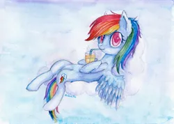 Size: 3399x2424 | Tagged: artist:0okami-0ni, cloud, cloudy, derpibooru import, drinking, glass, rainbow dash, safe, signature, sipping, solo, straw, traditional art, watercolor painting