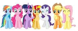 Size: 2209x873 | Tagged: safe, artist:majkashinoda626, derpibooru import, applejack, fluttershy, pinkie pie, rainbow dash, rarity, sunset shimmer, twilight sparkle, twilight sparkle (alicorn), alicorn, earth pony, pegasus, pony, unicorn, alternate mane seven, mane six