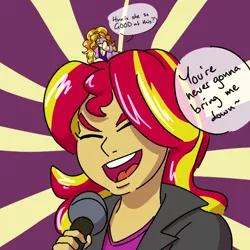 Size: 700x700 | Tagged: safe, artist:goat train, deleted from derpibooru, derpibooru import, adagio dazzle, sunset shimmer, crab, giant crab, equestria girls, dialogue, eyes closed, lyrics, macro, microphone, never gonna give you up, open mouth, rick astley, singing, text, welcome to the show